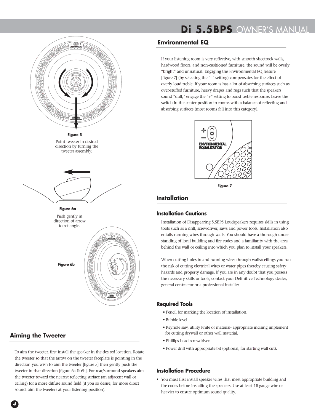 Definitive Technology Di 5.5BPS owner manual Environmental EQ, Installation, Aiming the Tweeter 