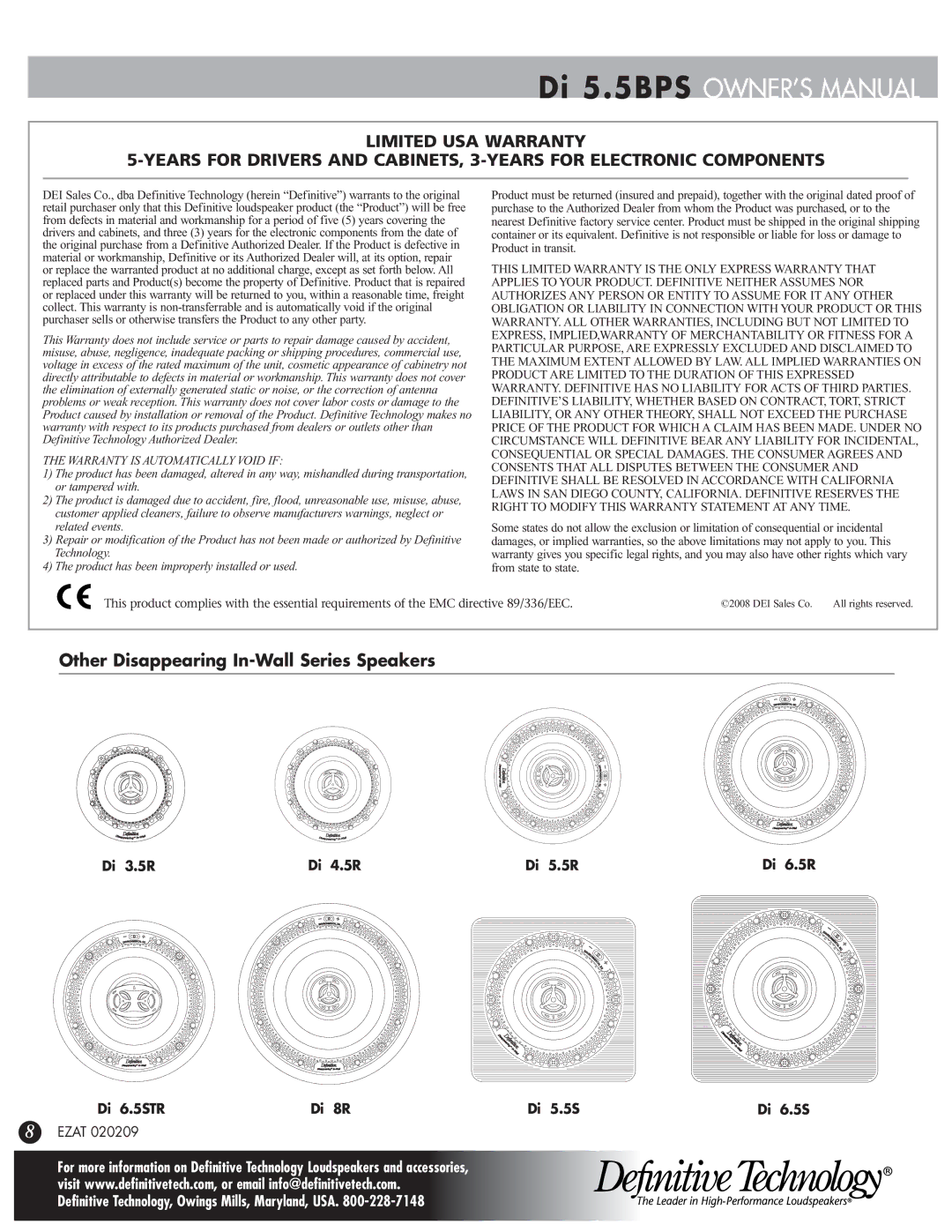 Definitive Technology Di 5.5BPS owner manual Other Disappearing In-Wall Series Speakers, Ezat 