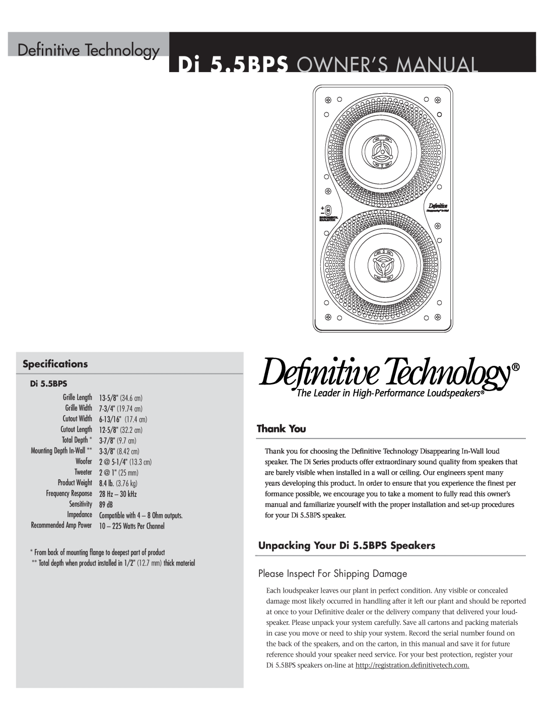 Definitive Technology Di 5.5BPS owner manual Definitive Technology, Specifications, Thank You 