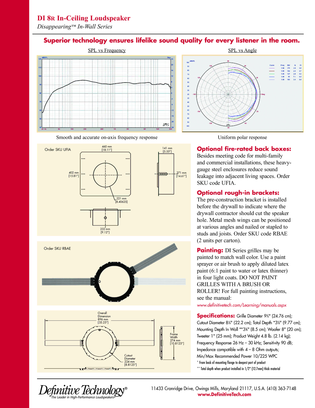 Definitive Technology DI 8R, In-Ceiling Loudspeaker manual Optional fire-rated back boxes, Optional rough-in brackets 