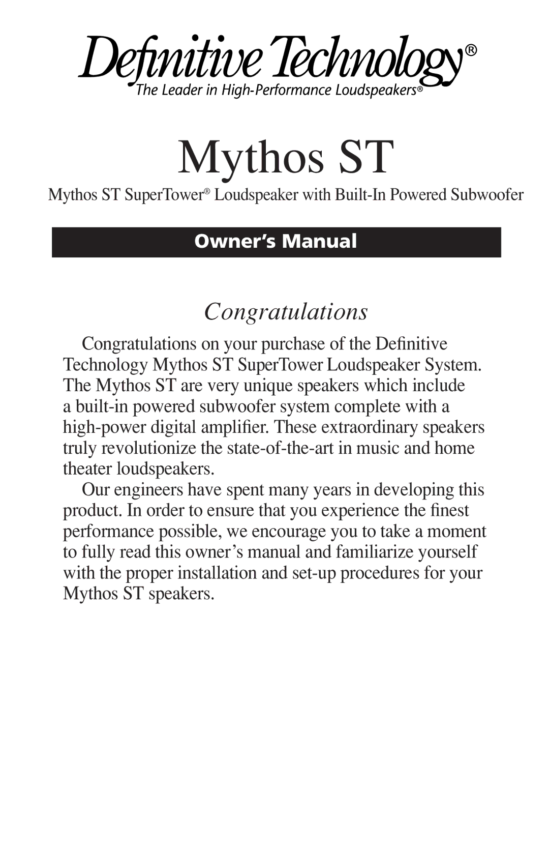 Definitive Technology DI55R owner manual Mythos ST 