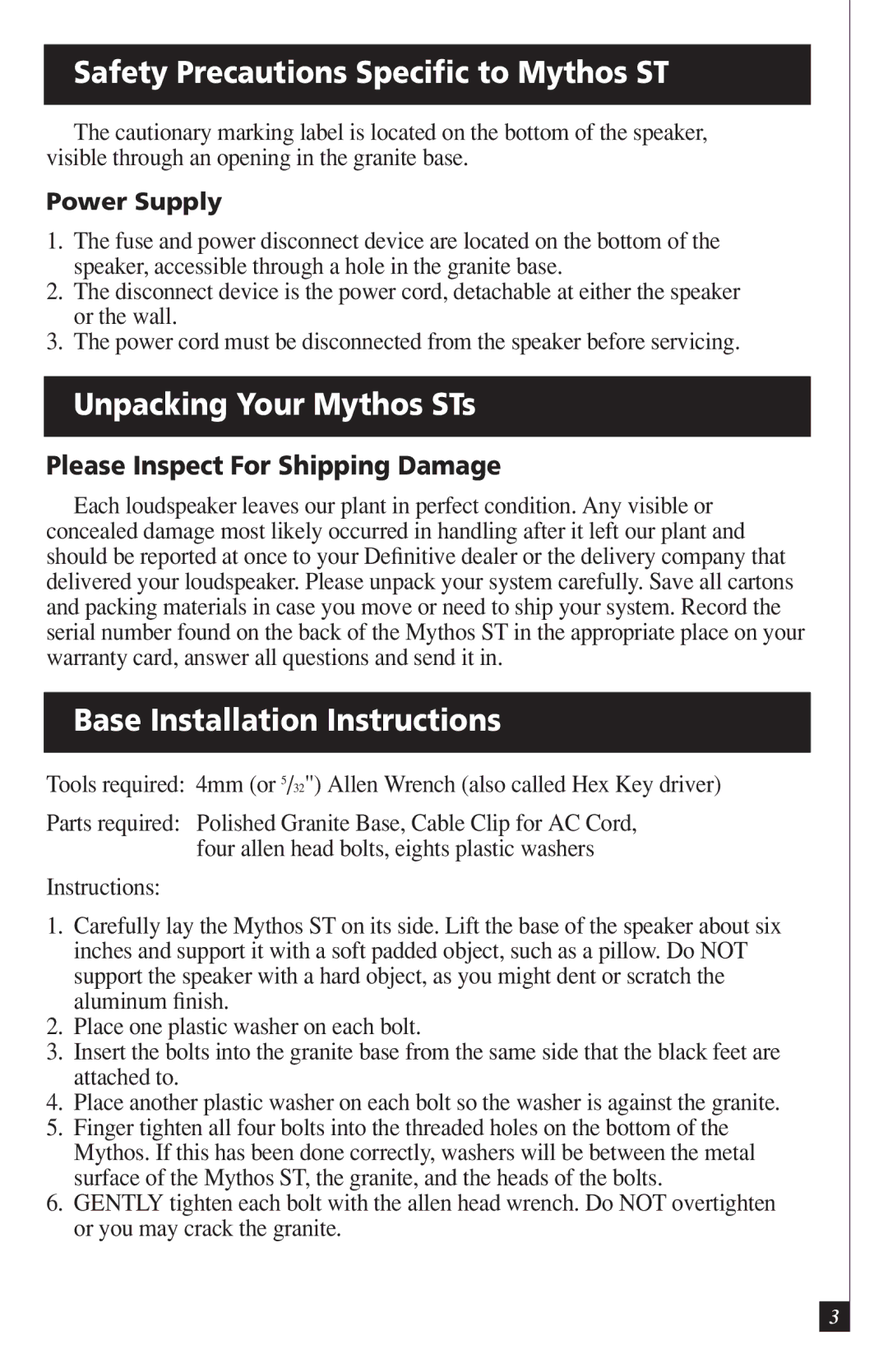 Definitive Technology DI55R owner manual Safety Precautions Speciﬁc to Mythos ST, Unpacking Your Mythos STs 