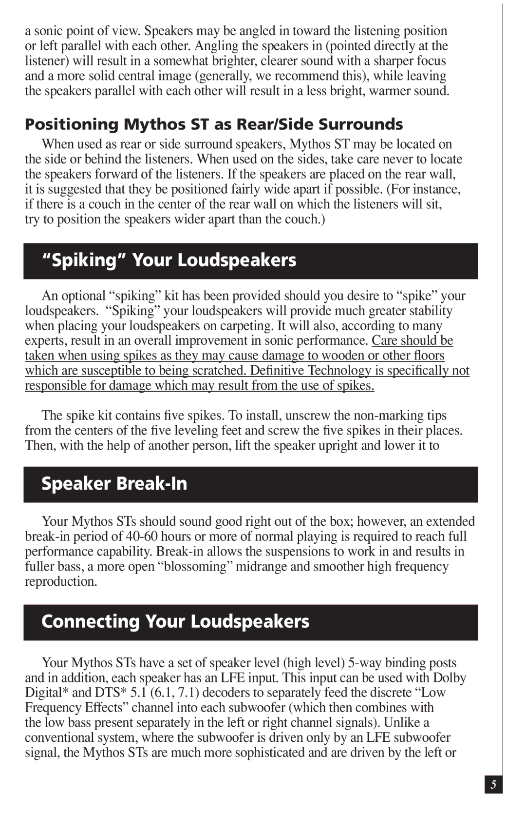 Definitive Technology DI55R owner manual Spiking Your Loudspeakers, Speaker Break-In, Connecting Your Loudspeakers 