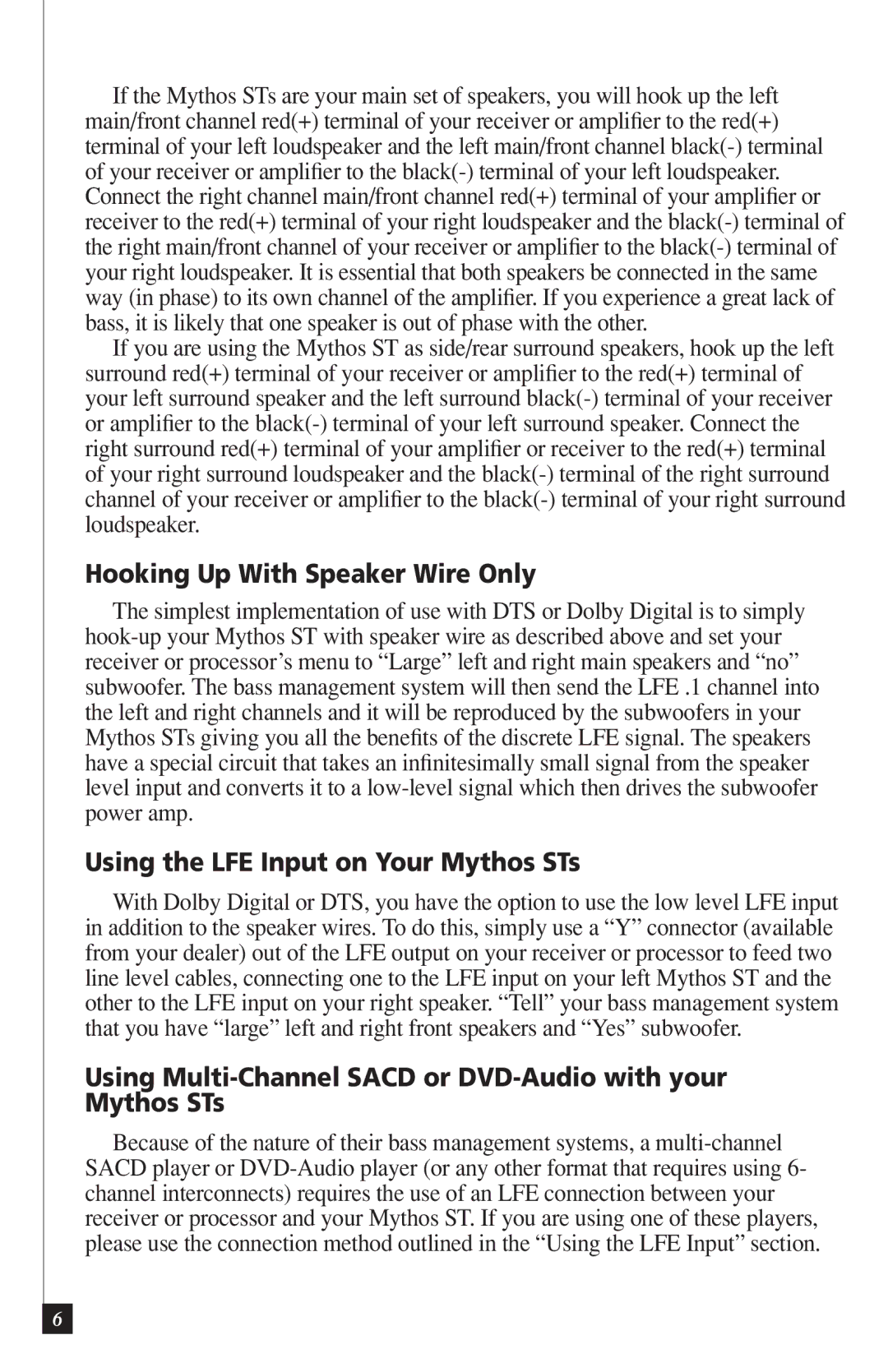 Definitive Technology DI55R owner manual Hooking Up With Speaker Wire Only, Using the LFE Input on Your Mythos STs 