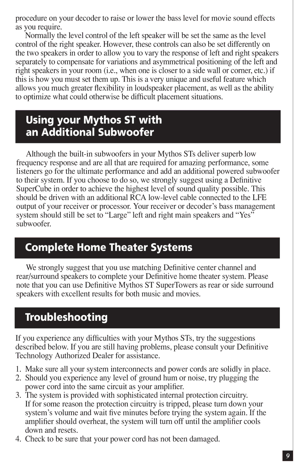 Definitive Technology DI55R owner manual Complete Home Theater Systems, Troubleshooting 