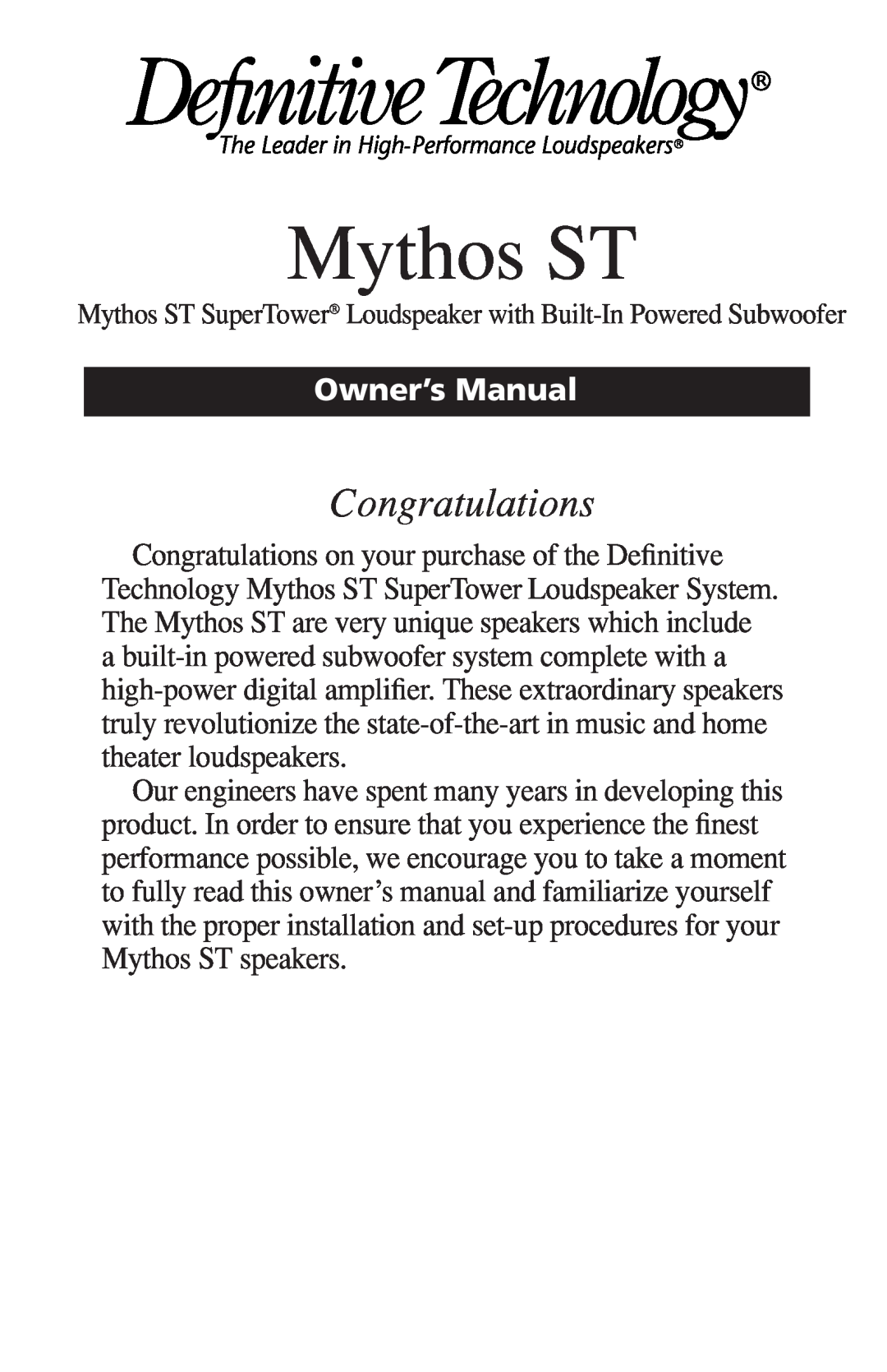 Definitive Technology DI55R owner manual Mythos ST, Congratulations 
