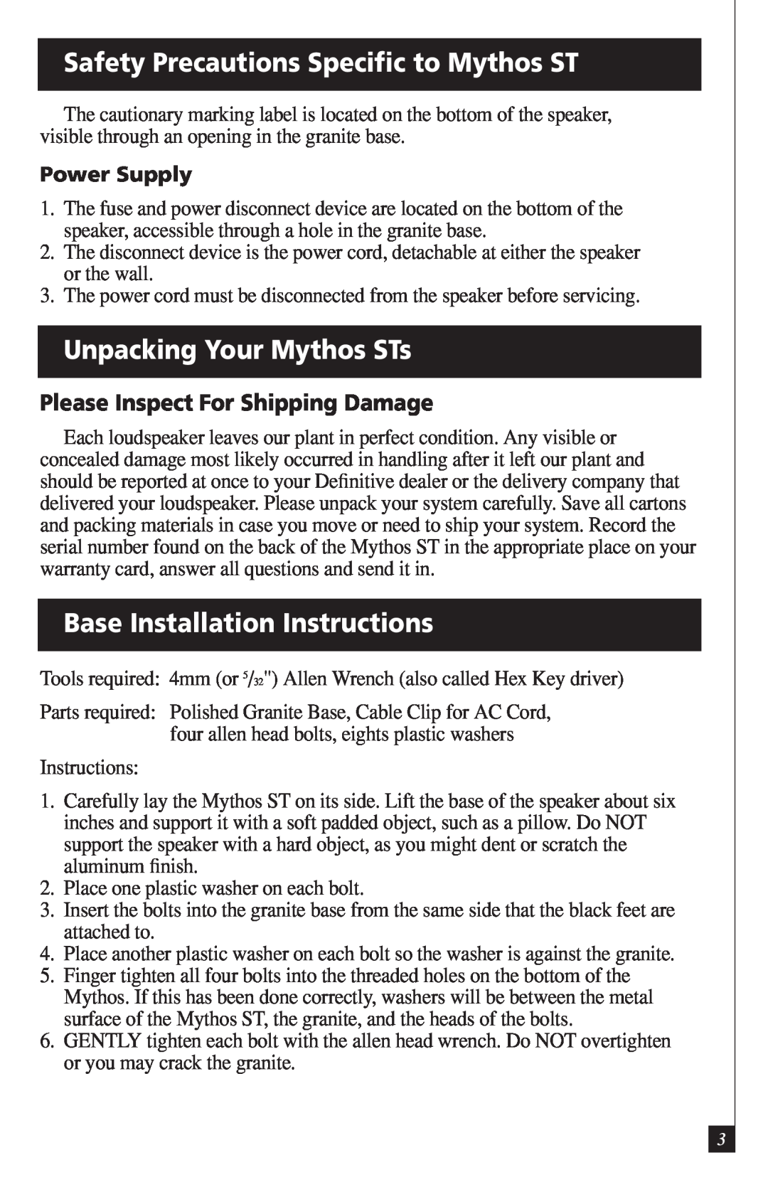 Definitive Technology DI55R owner manual Safety Precautions Speciﬁc to Mythos ST, Unpacking Your Mythos STs, Power Supply 