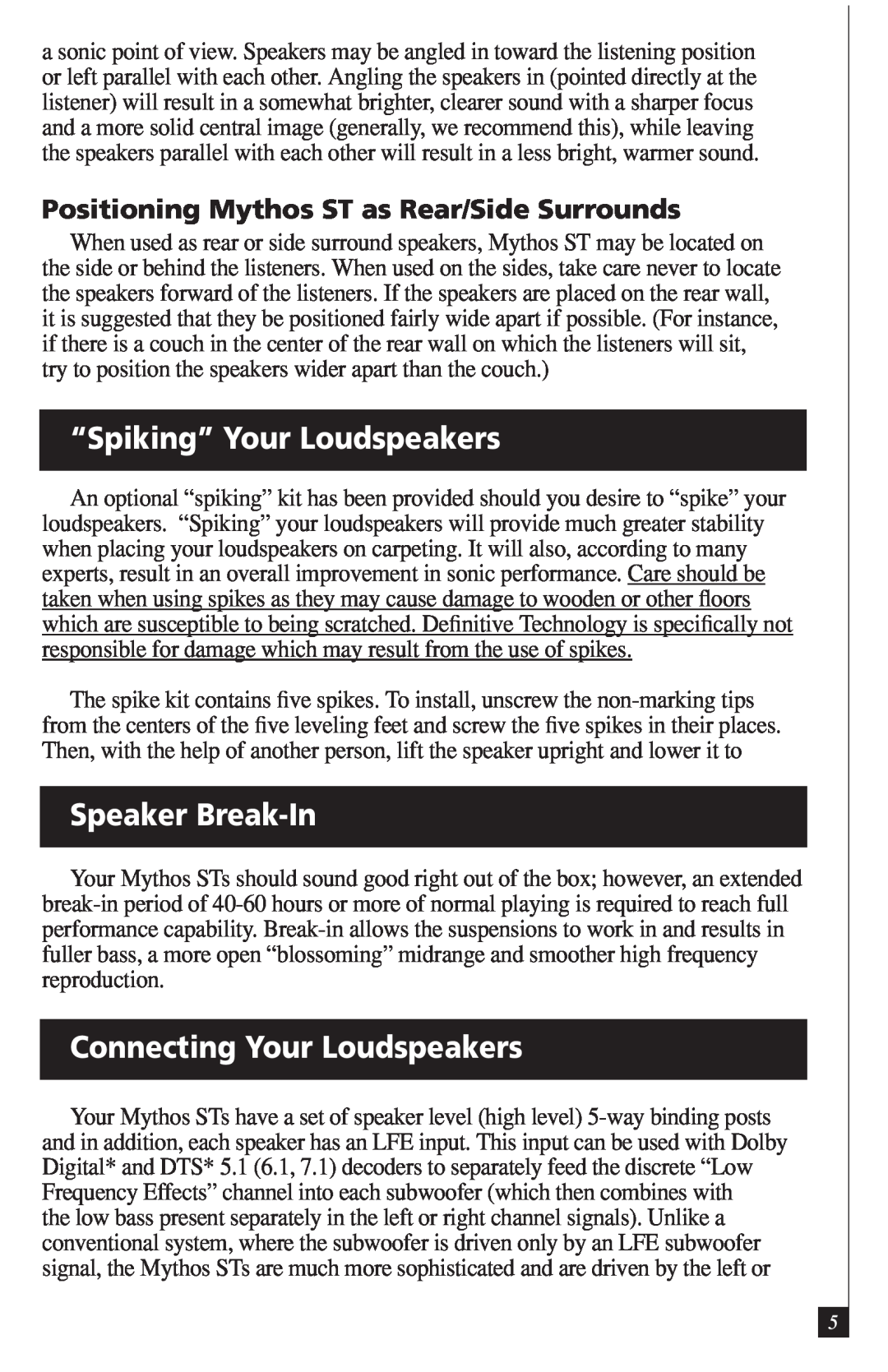 Definitive Technology DI55R owner manual “Spiking” Your Loudspeakers, Speaker Break-In, Connecting Your Loudspeakers 