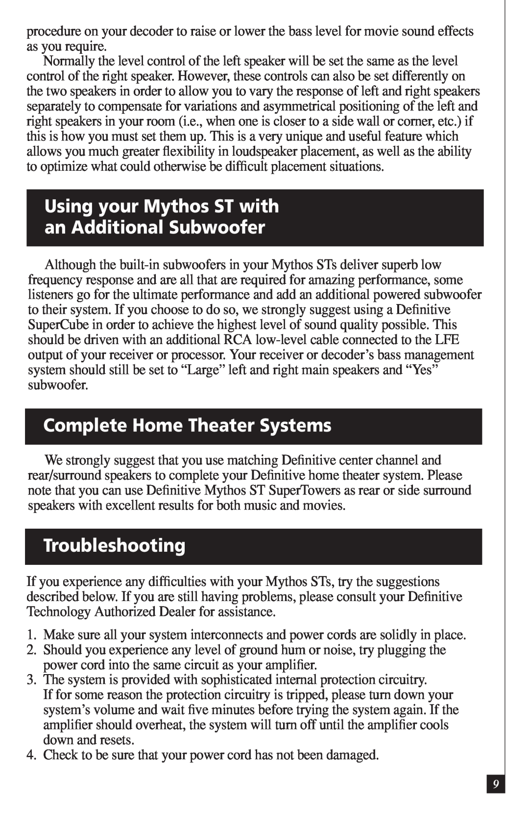 Definitive Technology DI55R owner manual Complete Home Theater Systems, Troubleshooting 