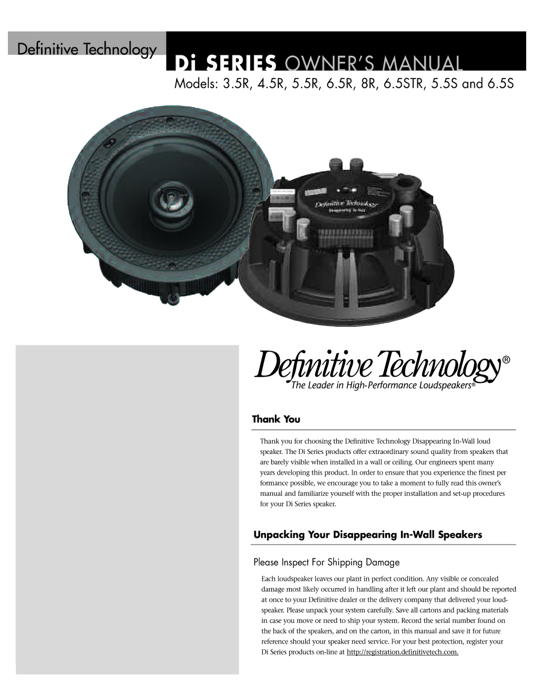 Definitive Technology DI65R, DI8R, 6.5STR, 6.5R, 4.5R owner manual Thank You Unpacking Your Disappearing In-Wall Speakers 