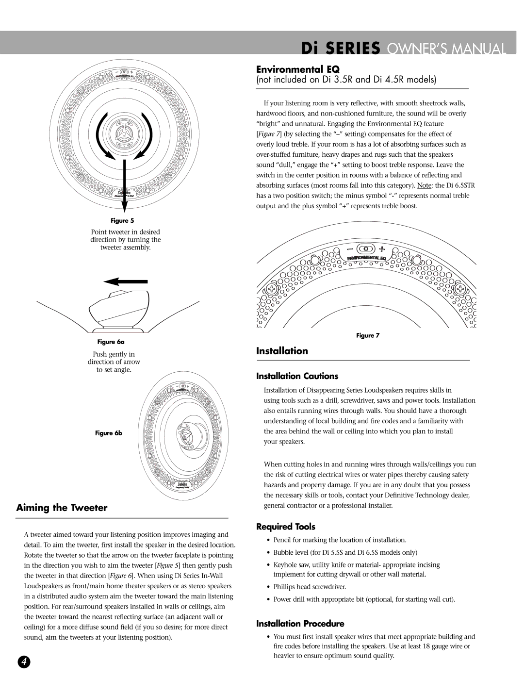 Definitive Technology 6.5S Aiming the Tweeter, Environmental EQ, Not included on Di 3.5R and Di 4.5R models, Installation 