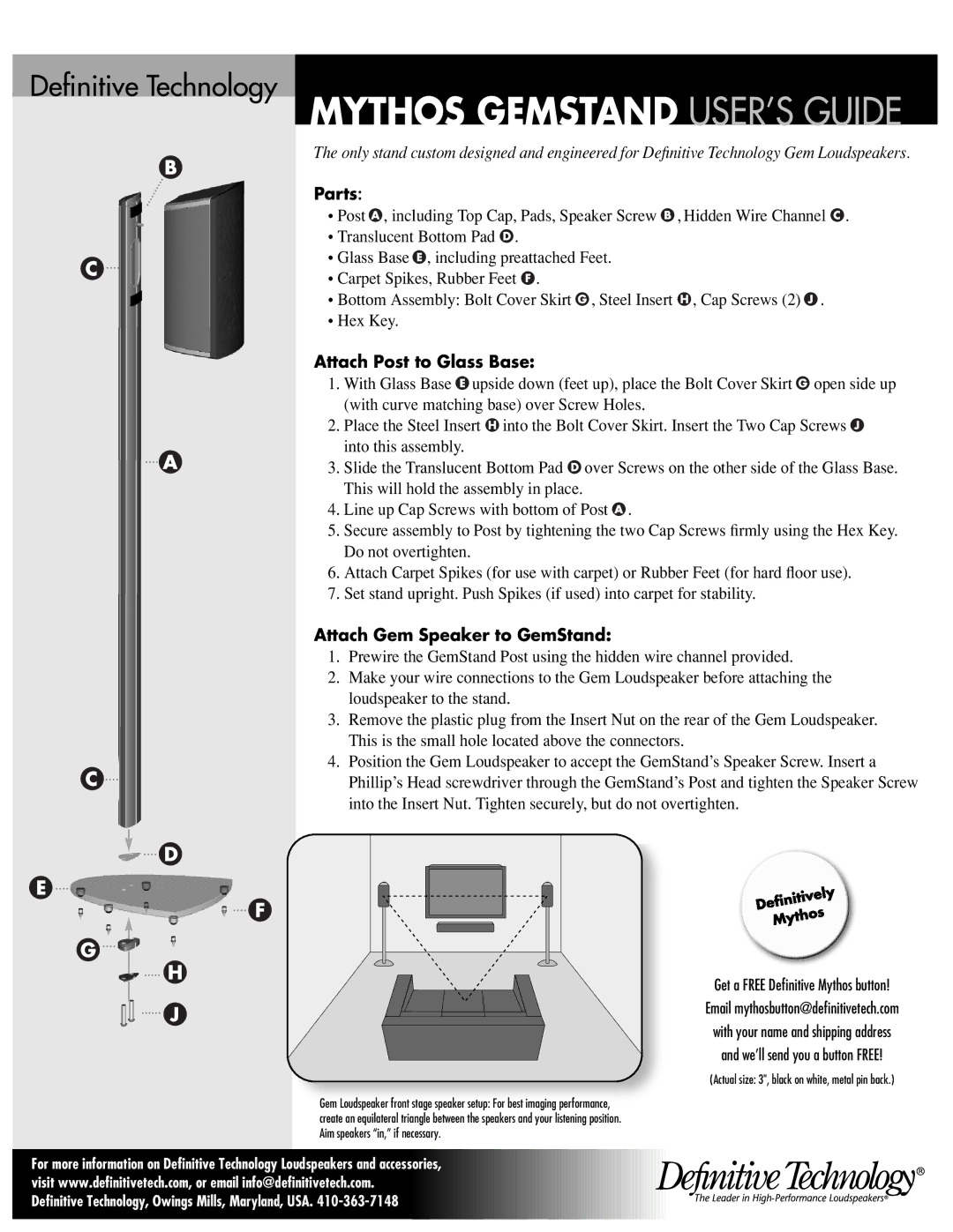 Definitive Technology GEMSTAND manual Mythos Gemstand USER’S Guide, Parts, Attach Post to Glass Base 