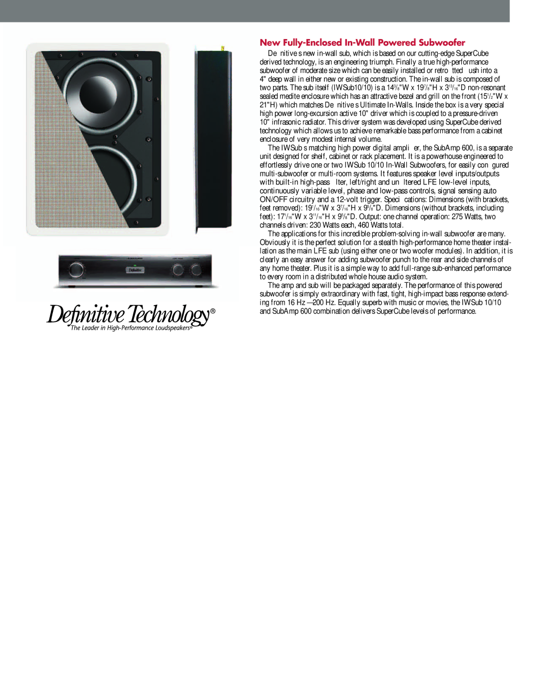 Definitive Technology IWSub 10-10 dimensions New Fully-Enclosed In-Wall Powered Subwoofer 