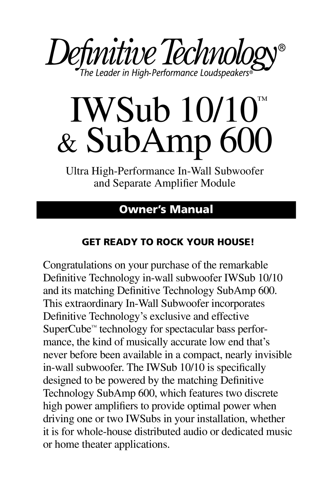 Definitive Technology IWSUB1010 owner manual IWSub 10/10 SubAmp 