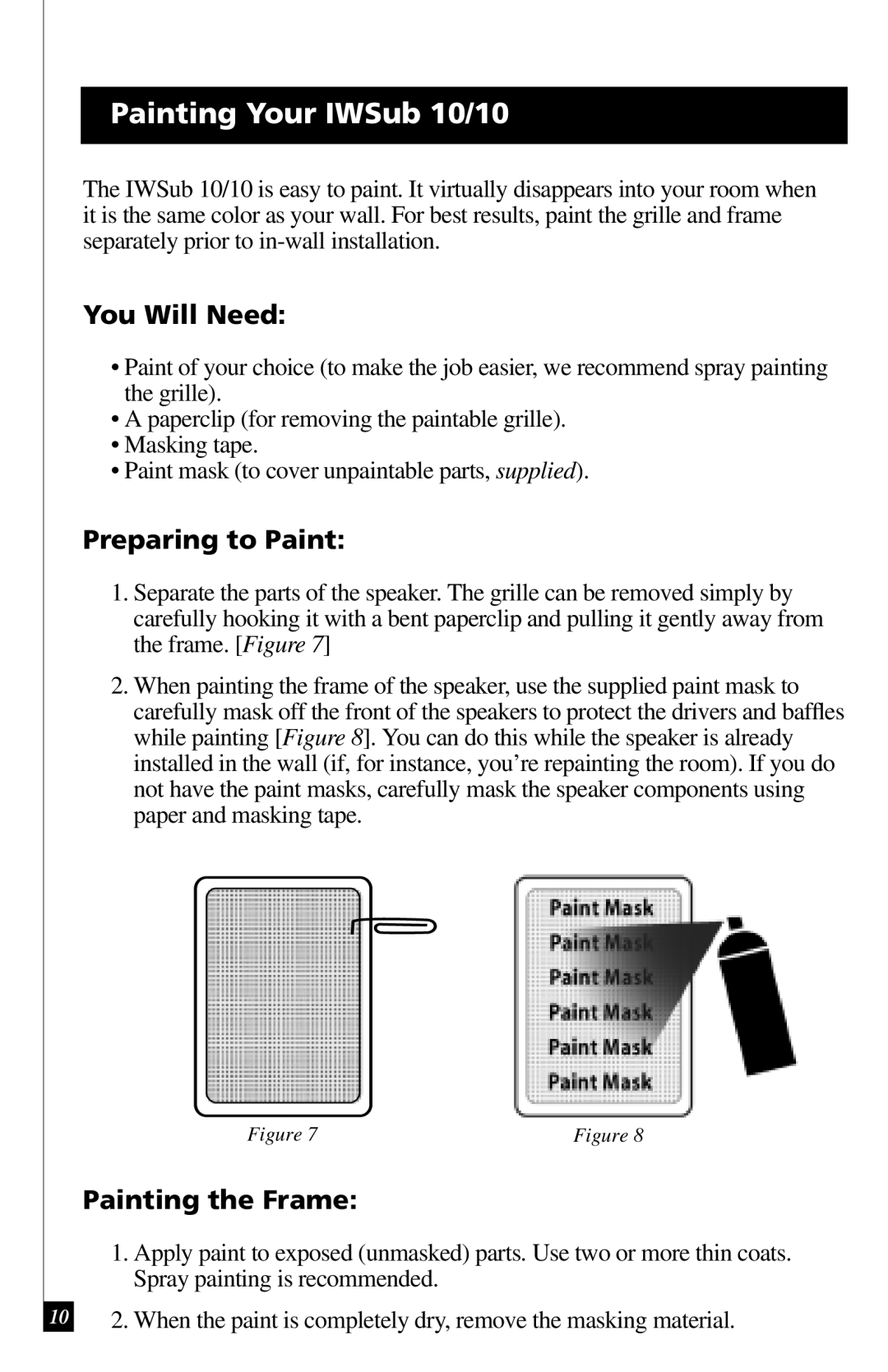 Definitive Technology IWSUB1010 Painting Your IWSub 10/10, You Will Need, Preparing to Paint, Painting the Frame 