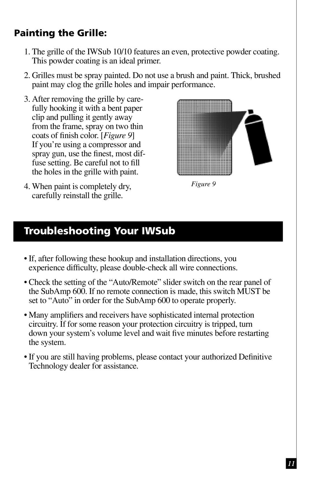 Definitive Technology IWSUB1010 owner manual Troubleshooting Your IWSub, Painting the Grille 