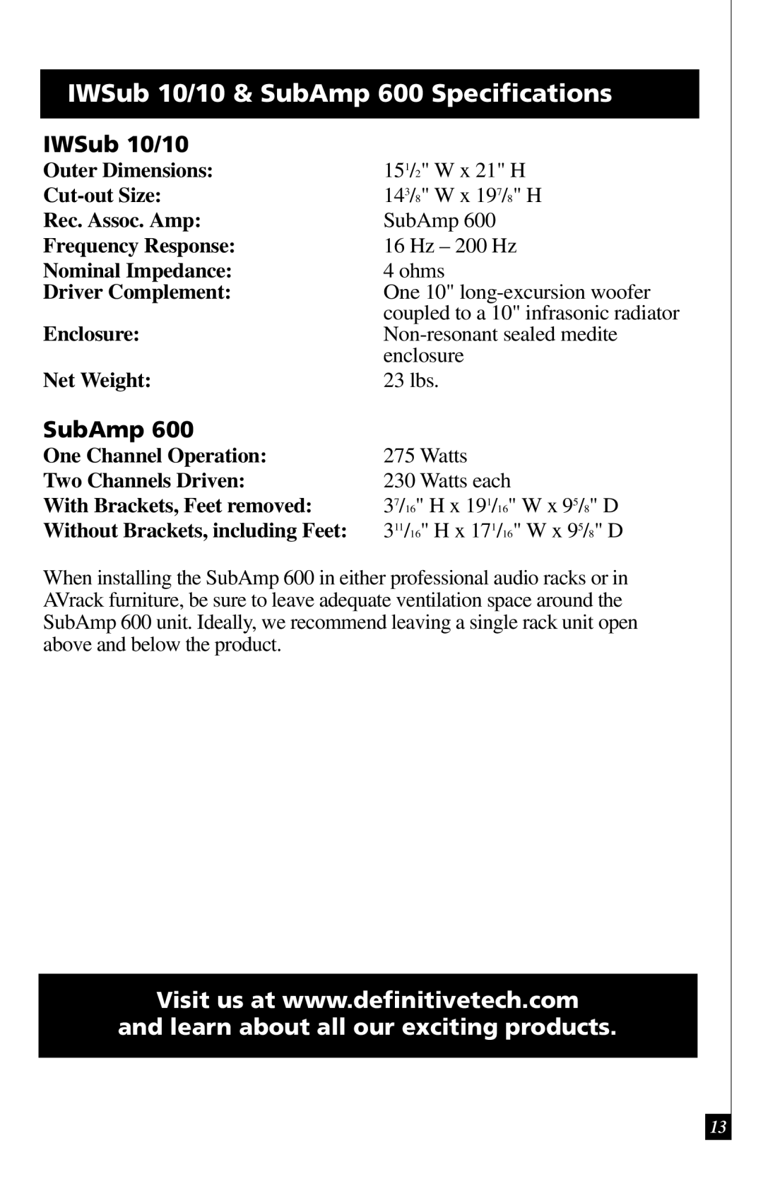 Definitive Technology IWSUB1010 owner manual IWSub 10/10 & SubAmp 600 Speciﬁcations 