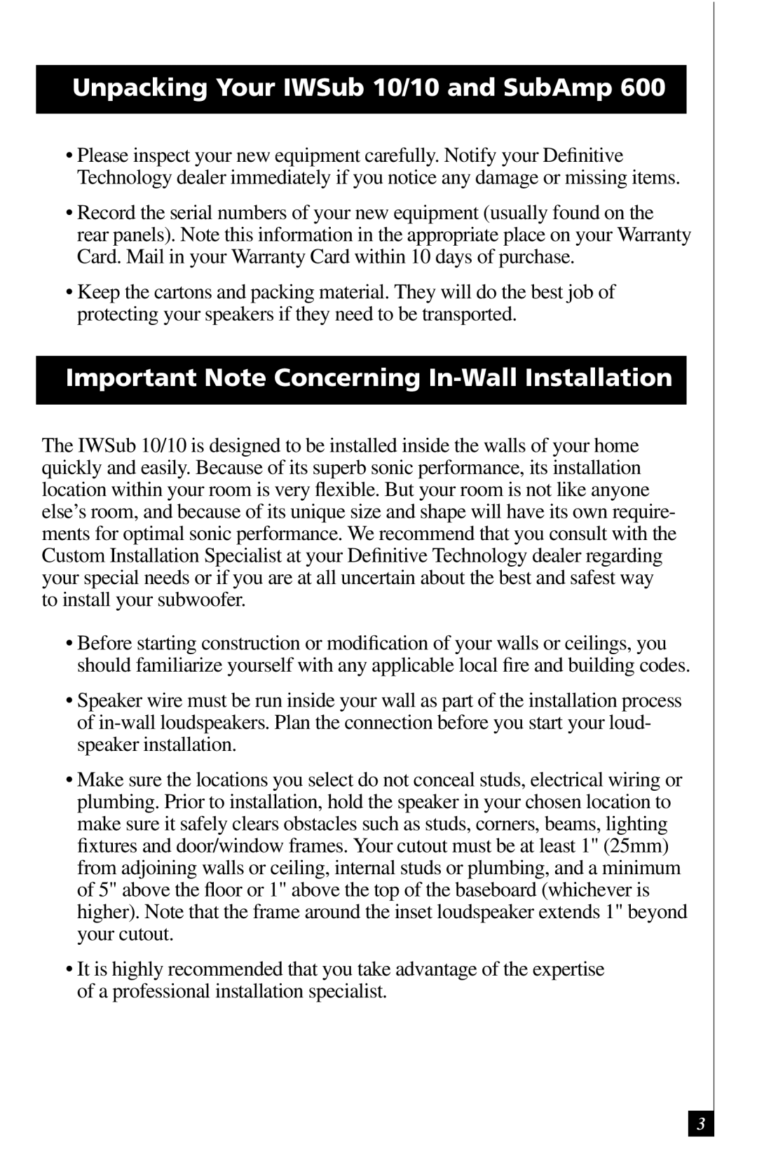 Definitive Technology IWSUB1010 Unpacking Your IWSub 10/10 and SubAmp, Important Note Concerning In-Wall Installation 