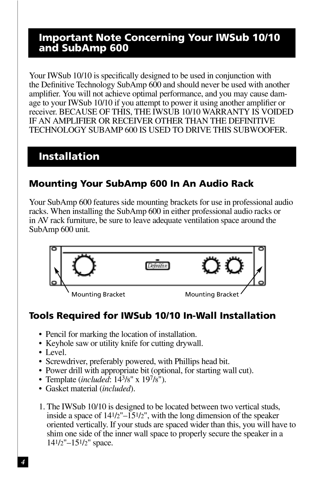 Definitive Technology IWSUB1010 owner manual Important Note Concerning Your IWSub 10/10 and SubAmp, Installation 