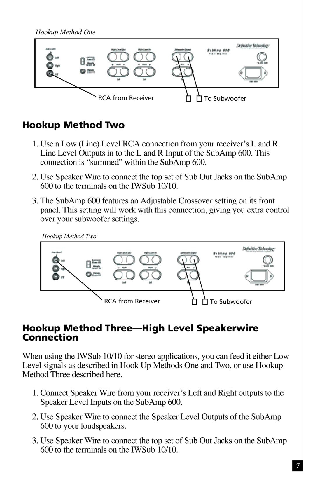 Definitive Technology IWSUB1010 owner manual Hookup Method Two, Hookup Method Three-High Level Speakerwire Connection 