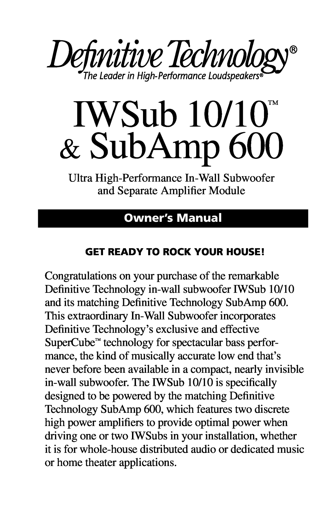 Definitive Technology IWSUB1010 owner manual IWSub 10/10 &SubAmp 