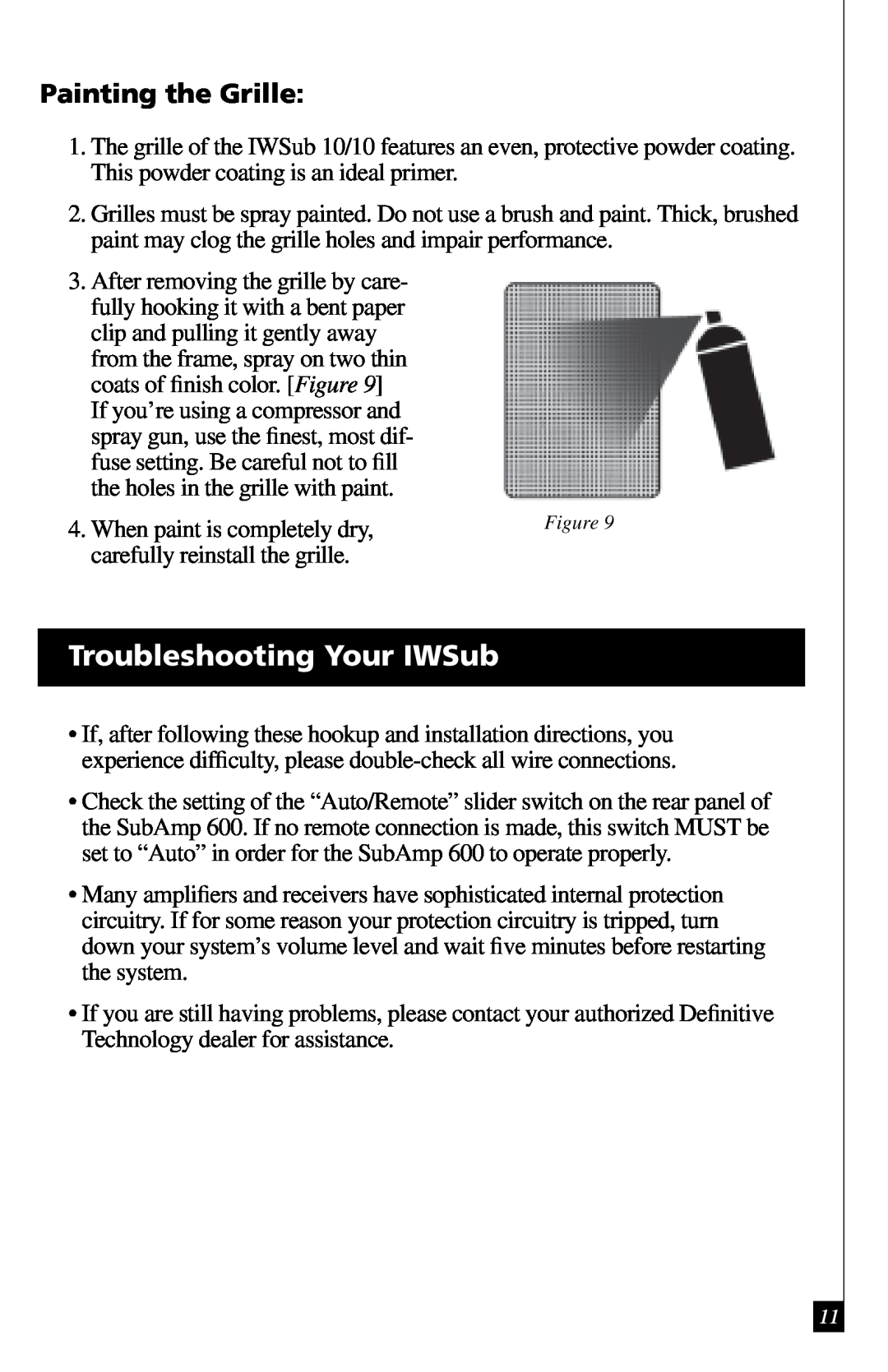 Definitive Technology IWSUB1010 owner manual Troubleshooting Your IWSub, Painting the Grille 