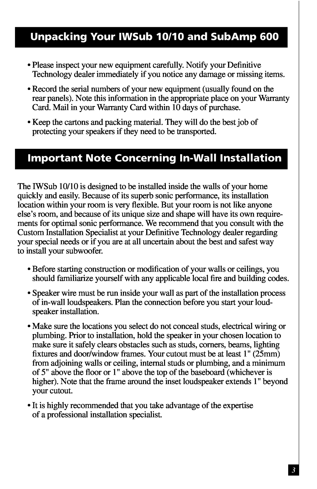 Definitive Technology IWSUB1010 Unpacking Your IWSub 10/10 and SubAmp, Important Note Concerning In-WallInstallation 