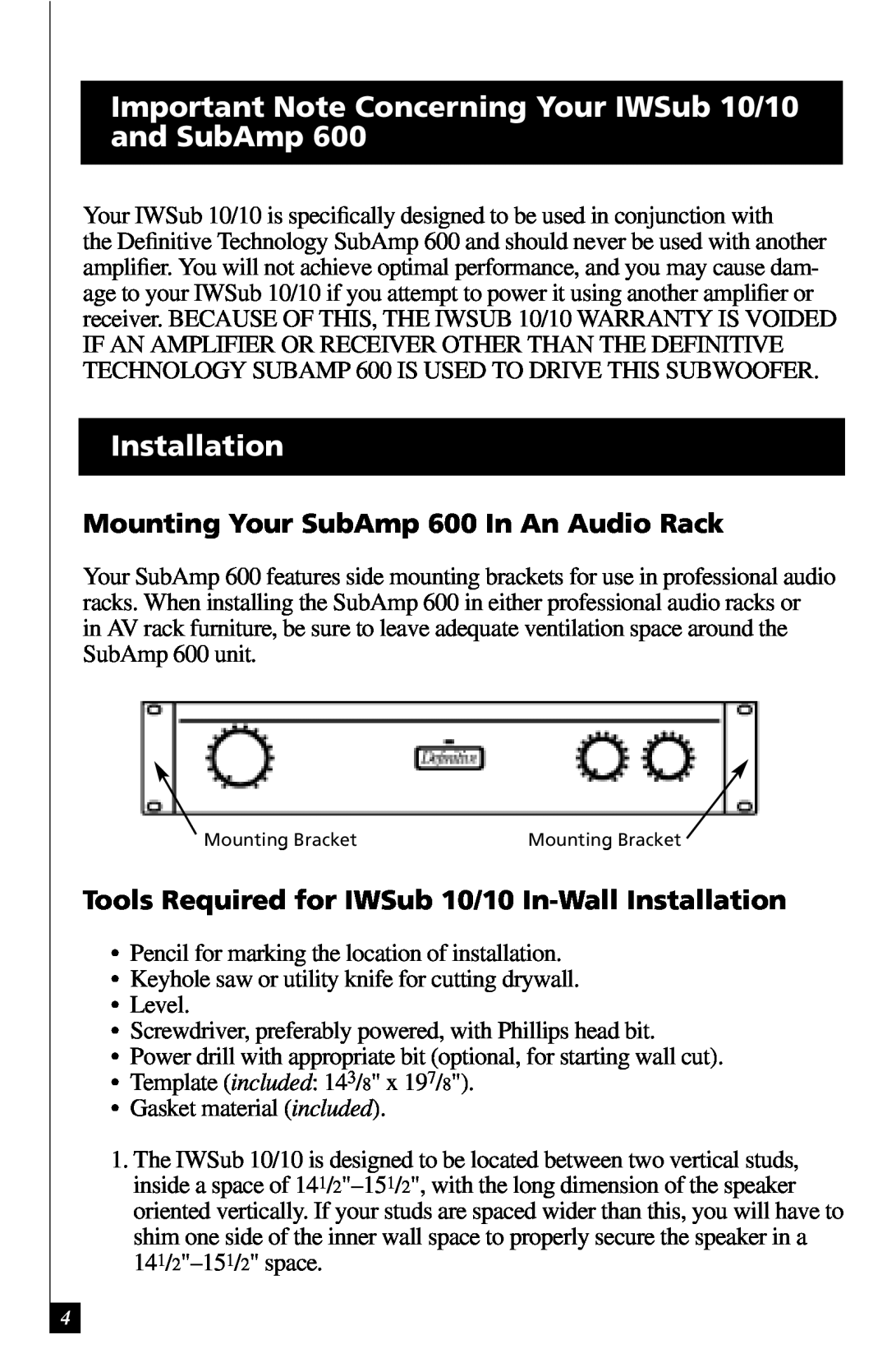 Definitive Technology IWSUB1010 owner manual Installation, Mounting Your SubAmp 600 In An Audio Rack 