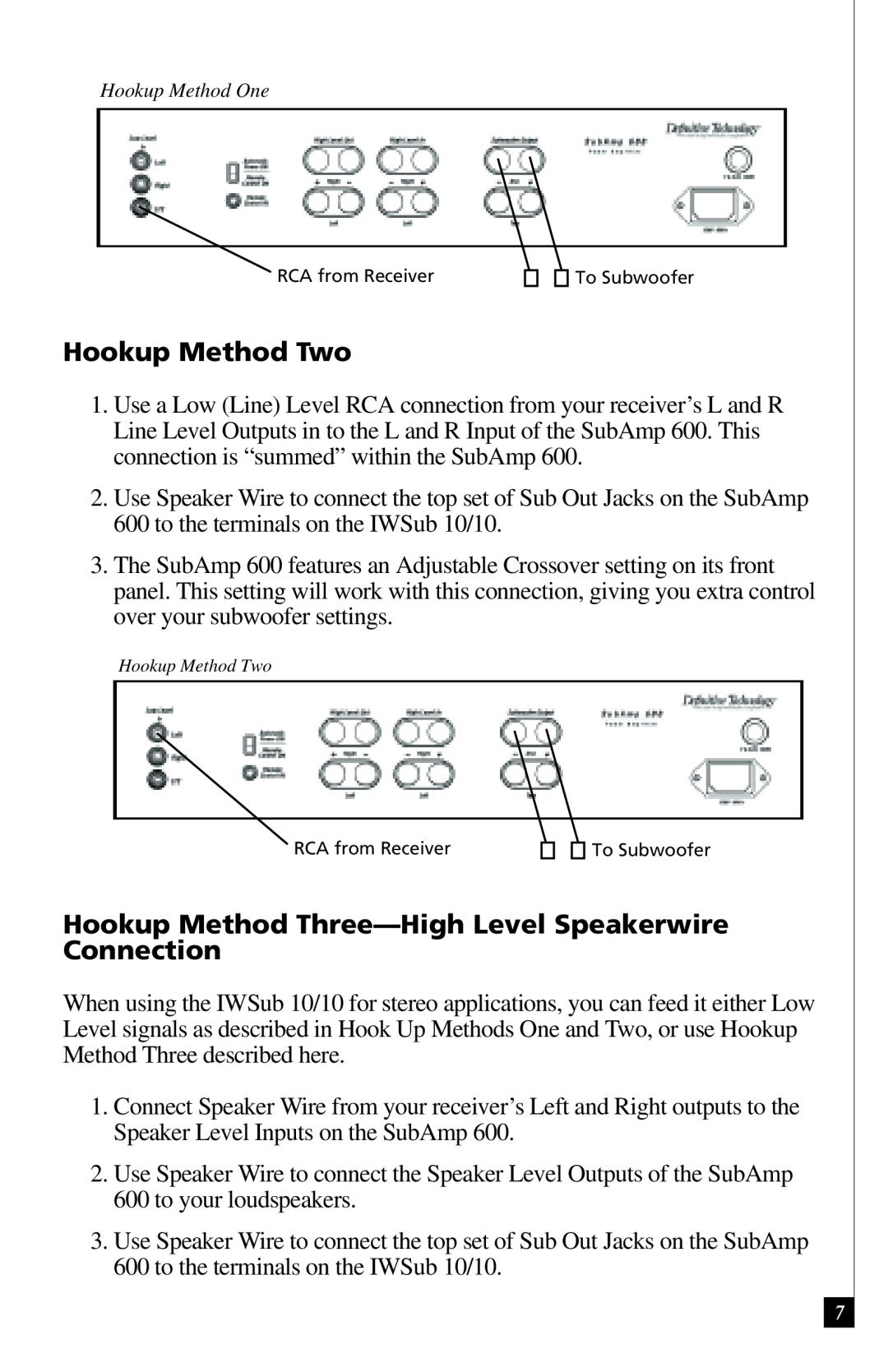 Definitive Technology IWSUB1010 owner manual Hookup Method Two, Hookup Method One 