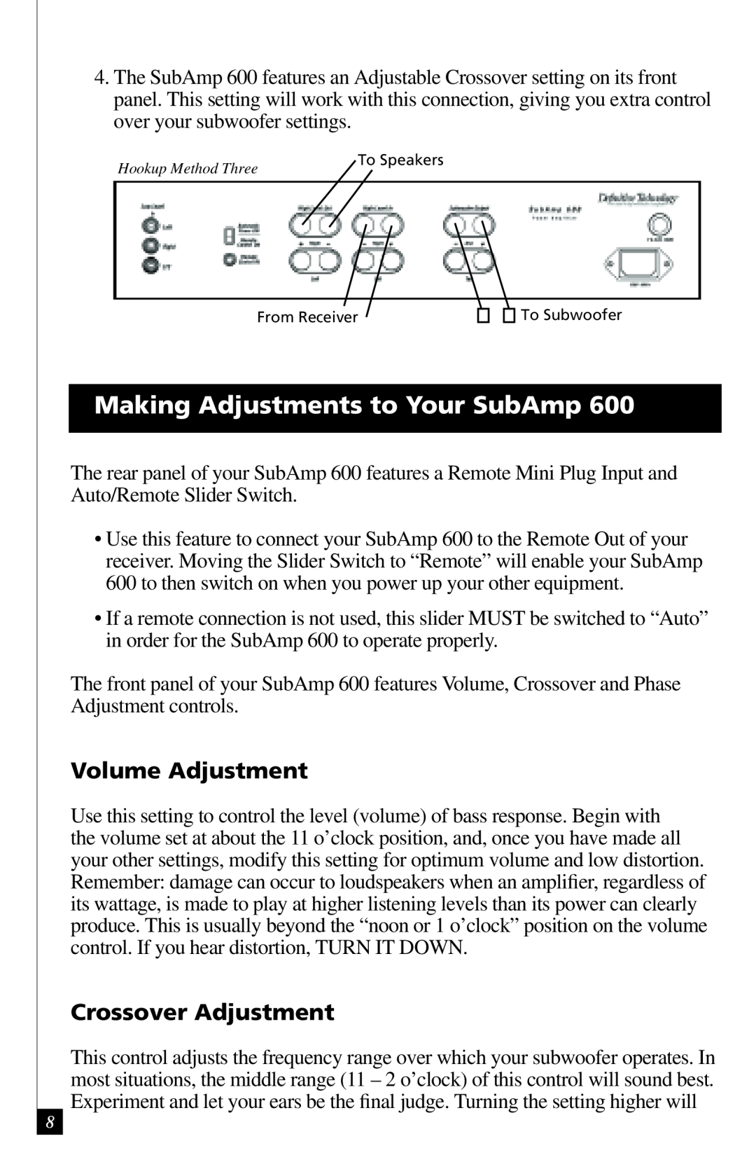 Definitive Technology IWSUB1010 owner manual Making Adjustments to Your SubAmp, Volume Adjustment, Crossover Adjustment 