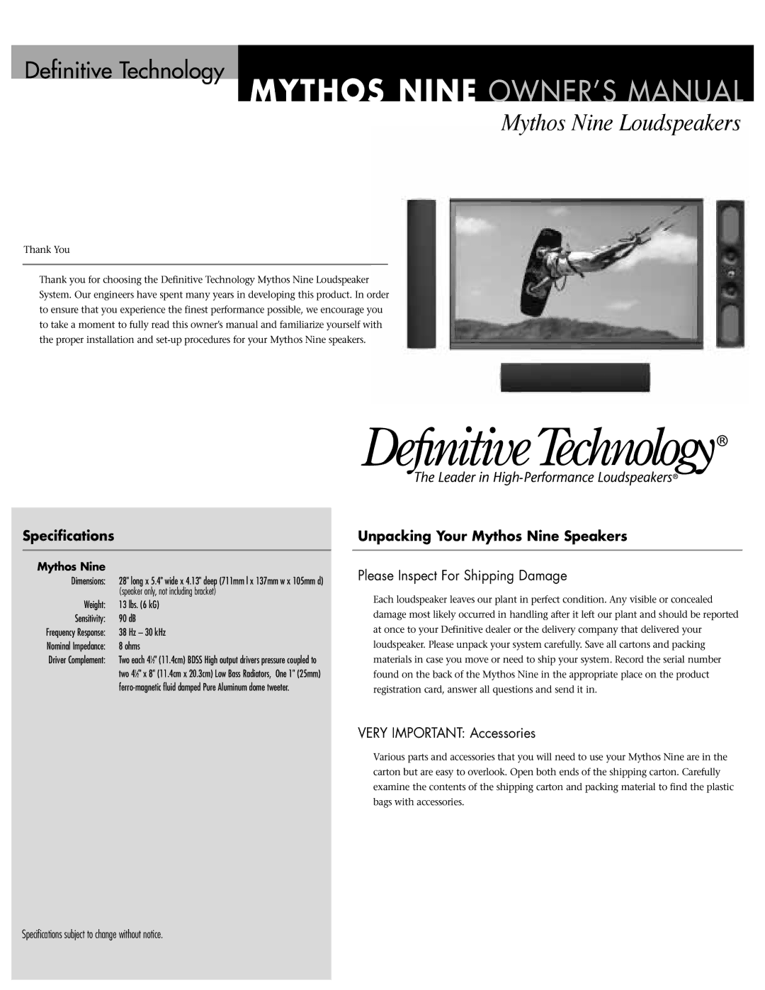 Definitive Technology Loudspeaker specifications Specifications, Unpacking Your Mythos Nine Speakers 