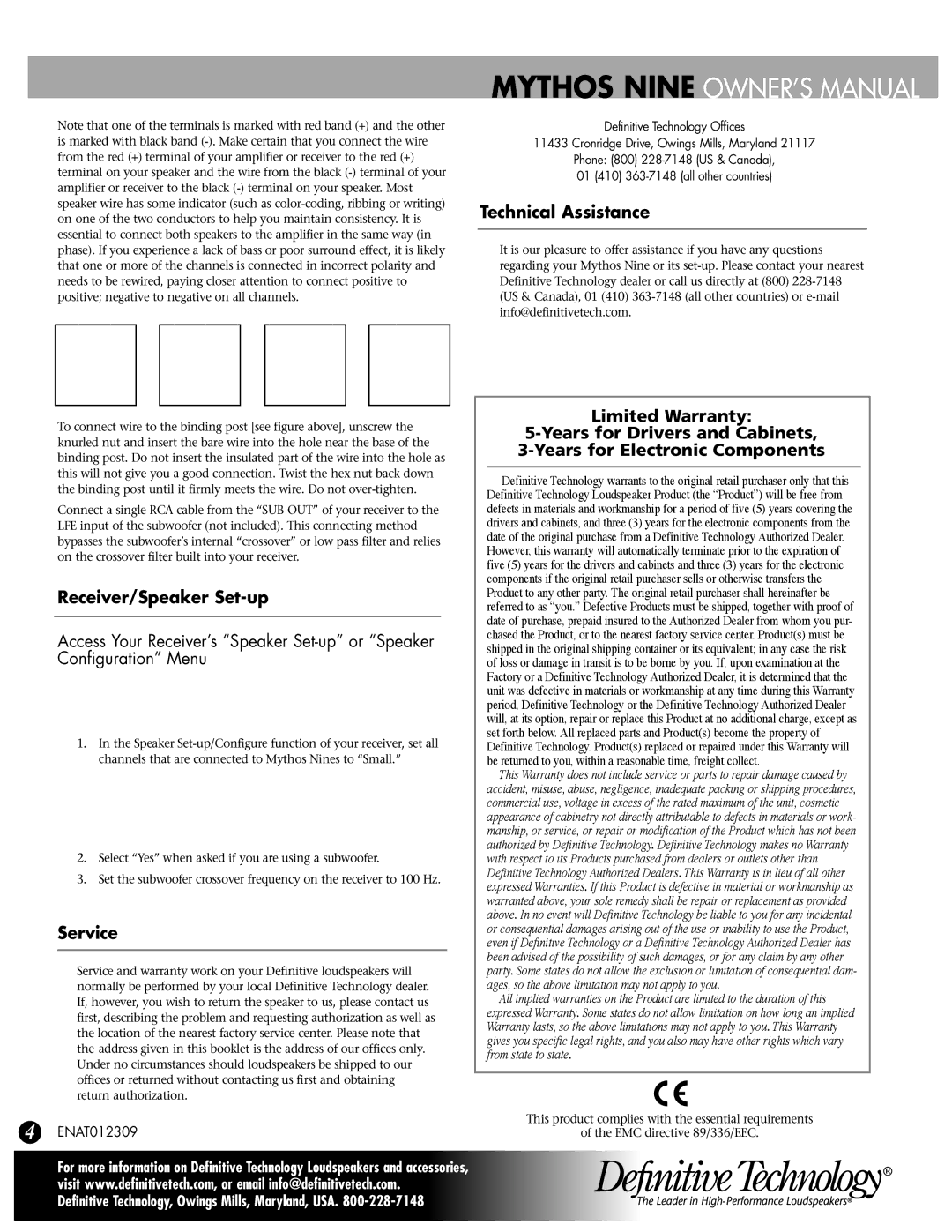 Definitive Technology Loudspeaker, Mythos Nine specifications Receiver/Speaker Set-up, Service, Technical Assistance 