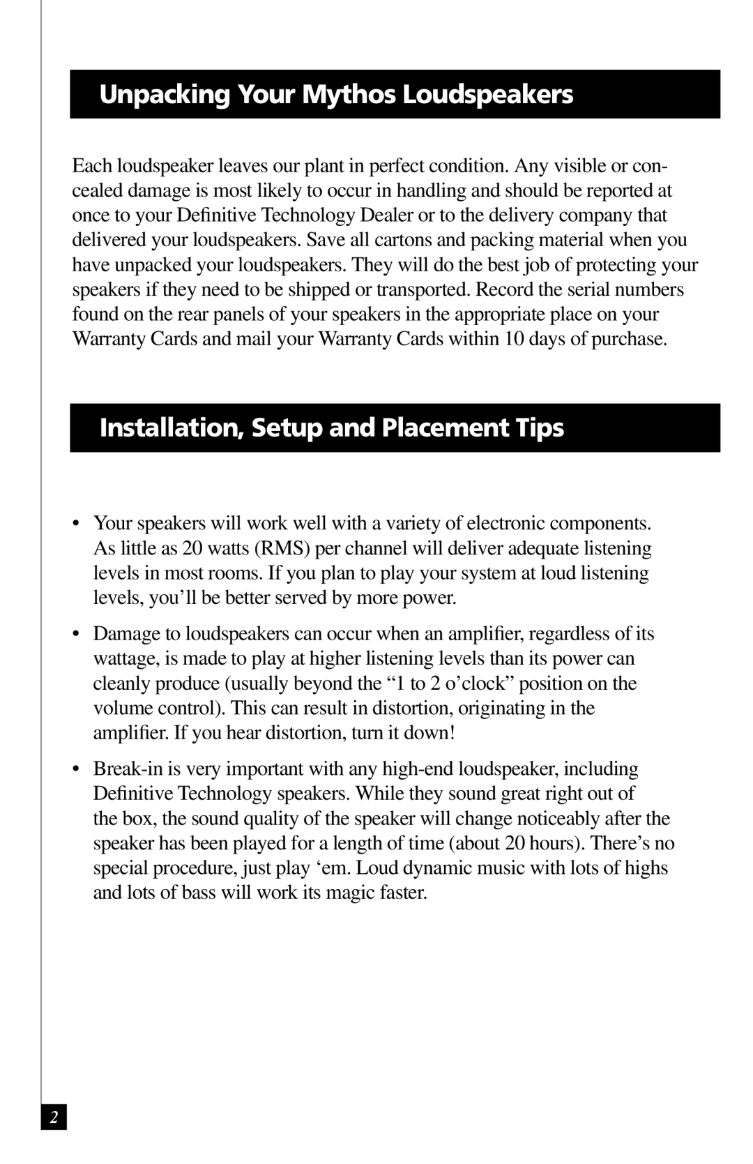 Definitive Technology DQAT012709 owner manual Unpacking Your Mythos Loudspeakers, Installation, Setup and Placement Tips 