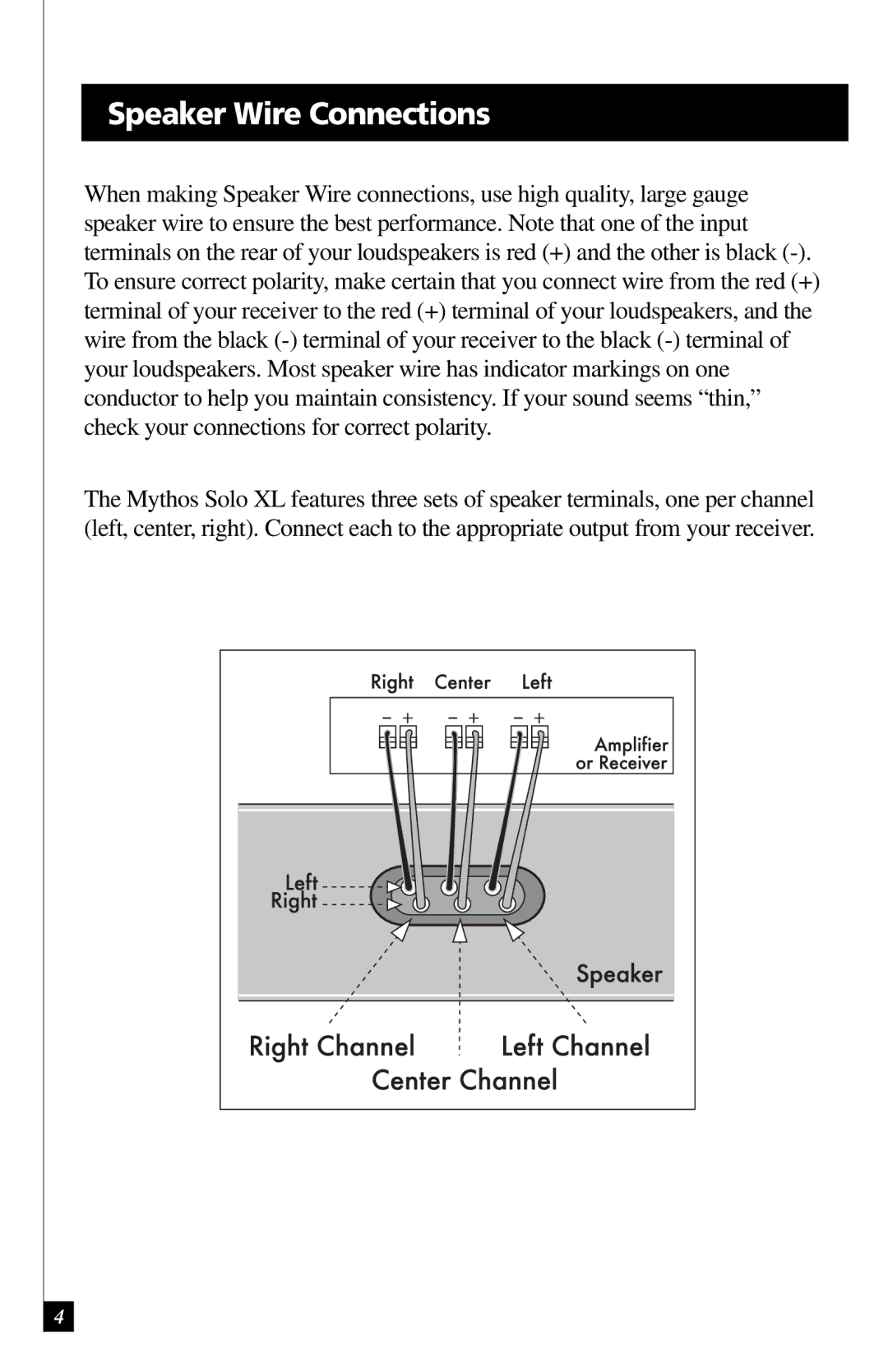 Definitive Technology DQAT012709, Mythos Solo XL All-In-One Front Stage Loudspeaker owner manual Speaker Wire Connections 