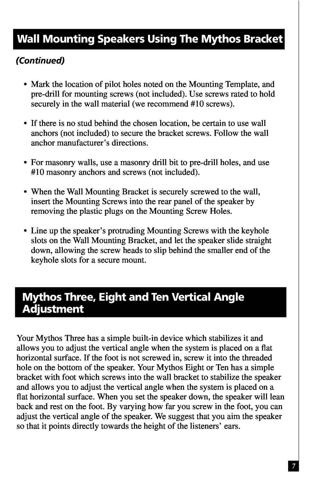 Definitive Technology Mythos Eight & Mythos Ten, Mythos Two Wall Mounting Speakers Using The Mythos Bracket, Continued 