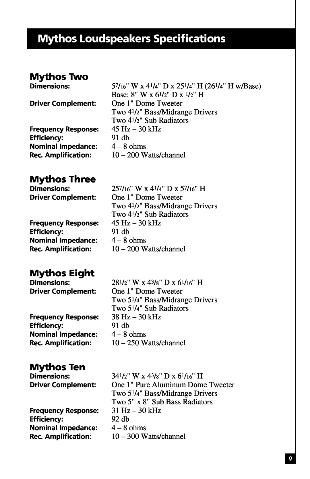 Definitive Technology Mythos Three owner manual Mythos Loudspeakers Speciﬁcations, Mythos Two, Mythos Eight, Mythos Ten 