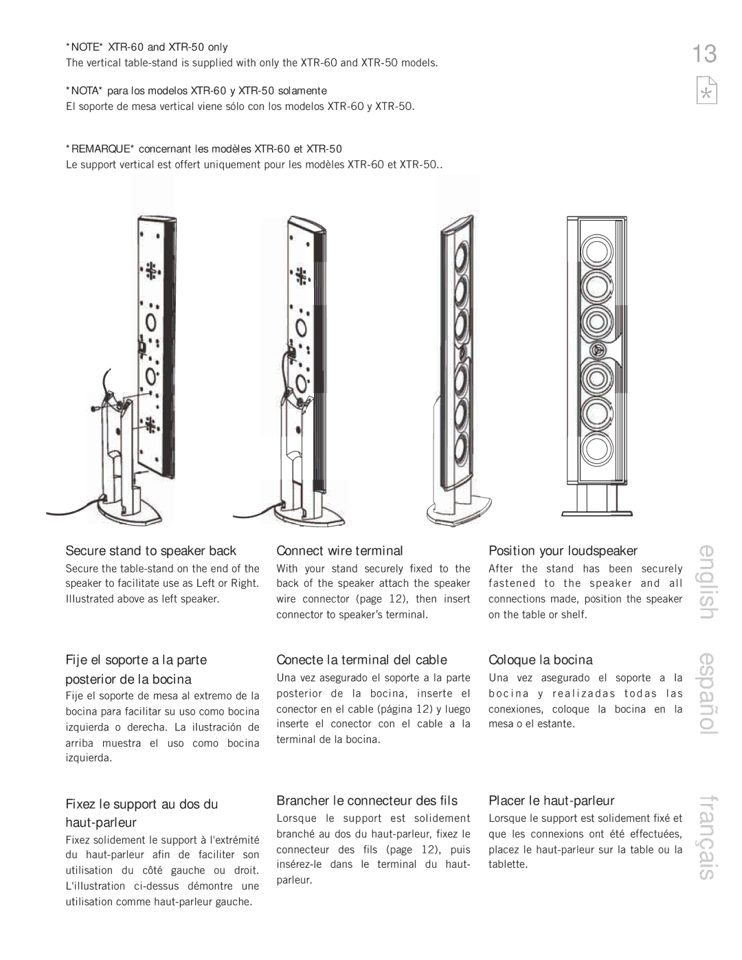 Definitive Technology 40 Secure stand to speaker back Connect wire terminal, Position your loudspeaker, Coloque la bocina 