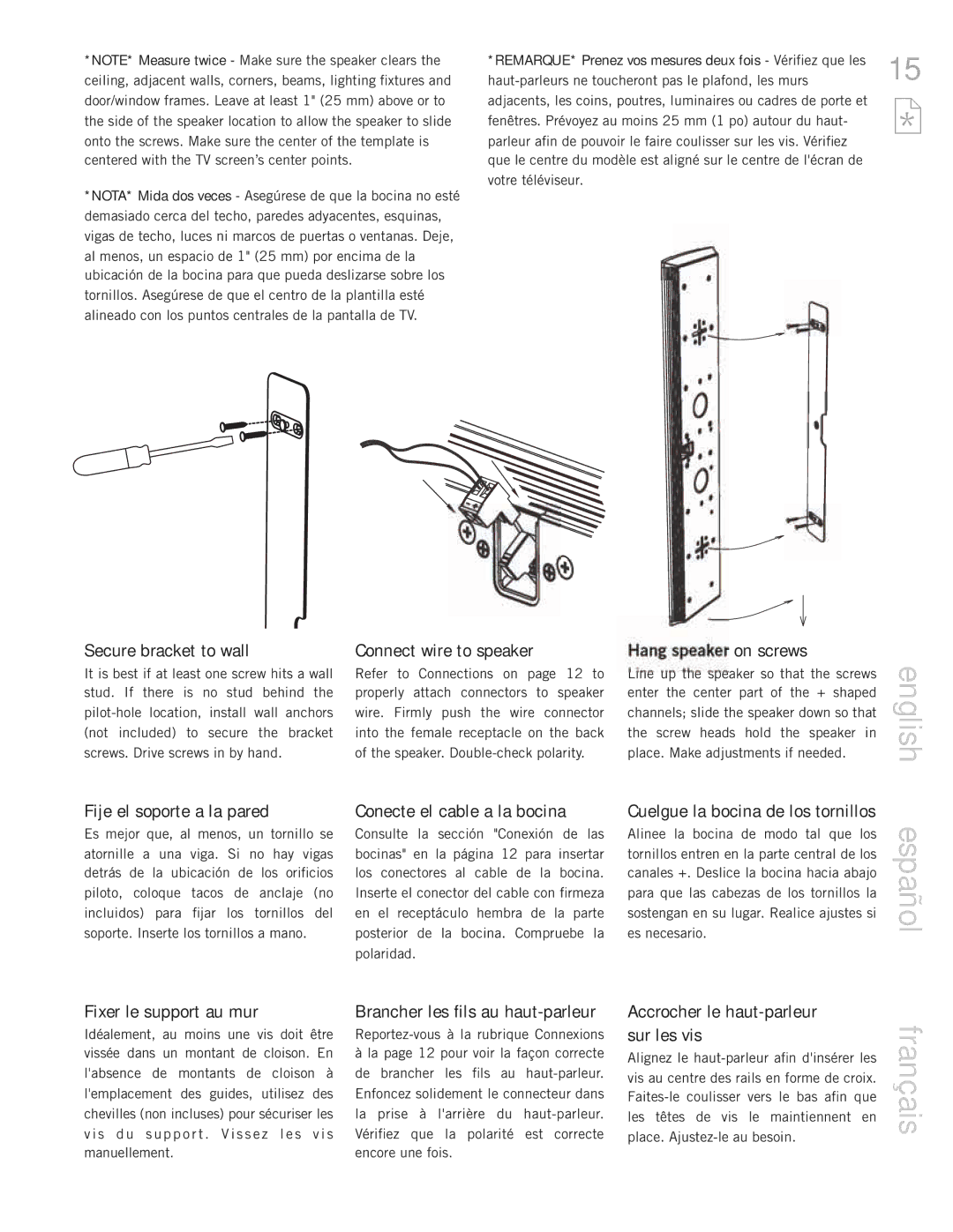 Definitive Technology 60 Secure bracket to wall, Connect wire to speaker, Hang speaker on screws, Fixer le support au mur 