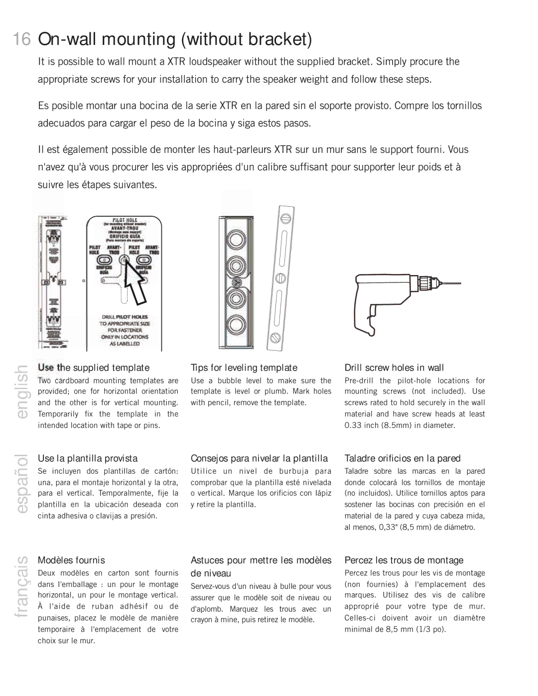 Definitive Technology 20BP, 60, 50, 40, Mythos XTR Loudspeaker System owner manual On-wall mounting without bracket 