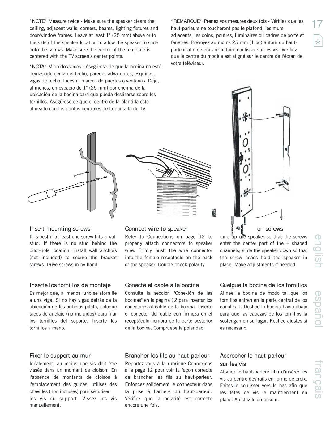 Definitive Technology 50, 60, 20BP, 40 owner manual Insert mounting screws, Inserte los tornillos de montaje 