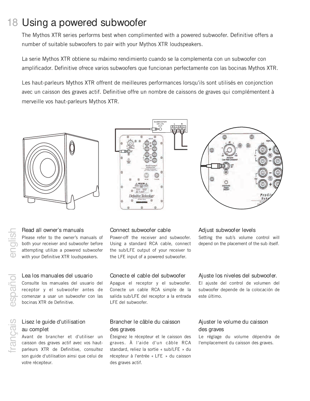 Definitive Technology 40, 60, 20BP, 50, Mythos XTR Loudspeaker System owner manual Using a powered subwoofer 