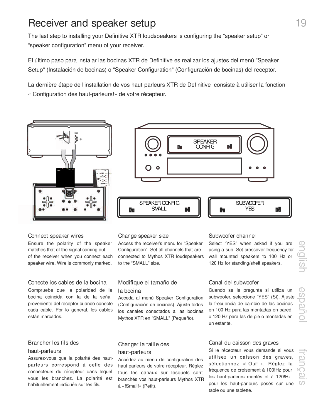 Definitive Technology Mythos XTR Loudspeaker System, 60, 20BP, 50, 40 owner manual Receiver and speaker setup 