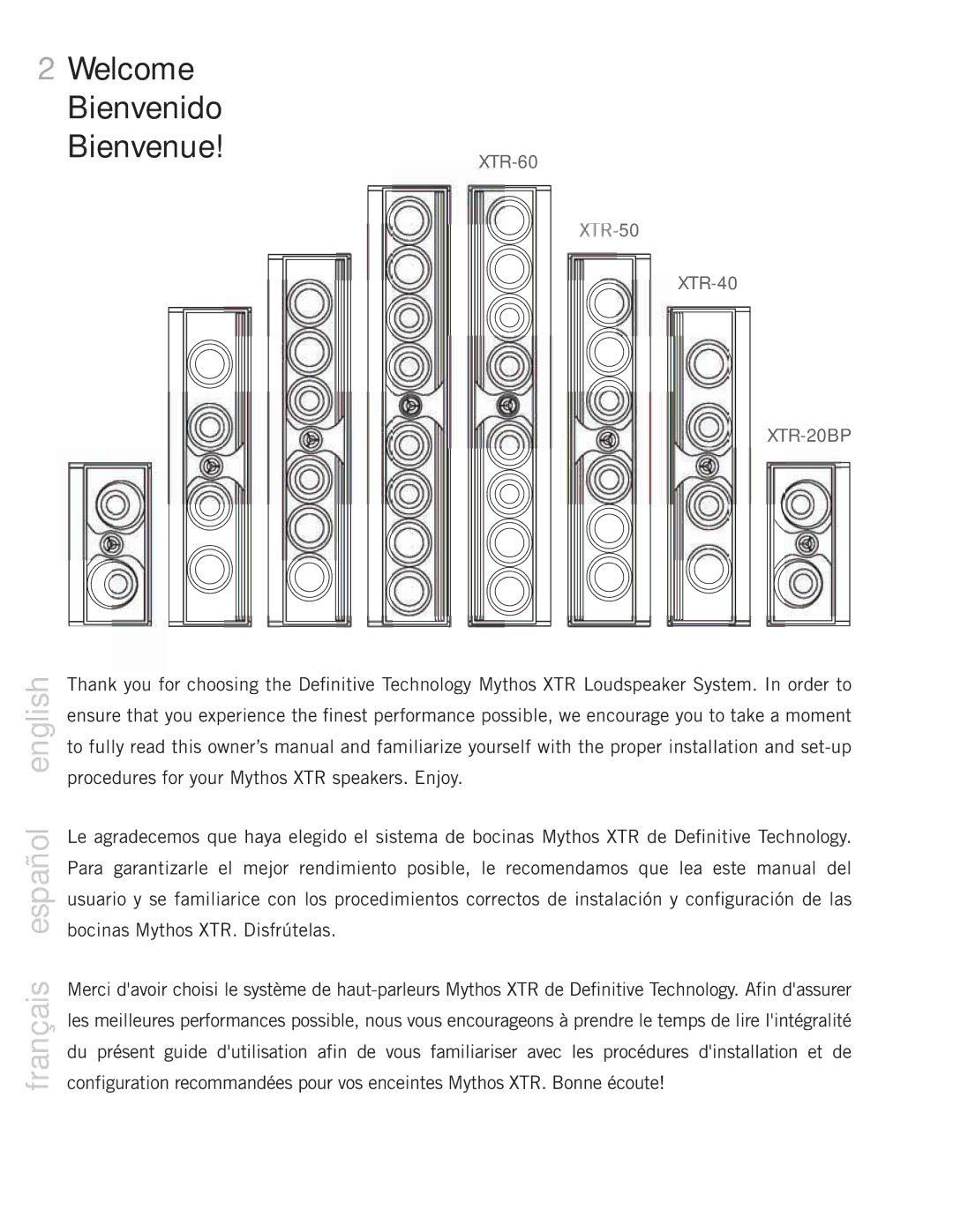 Definitive Technology 50, 60, 20BP, 40, Mythos XTR Loudspeaker System owner manual Français español english 