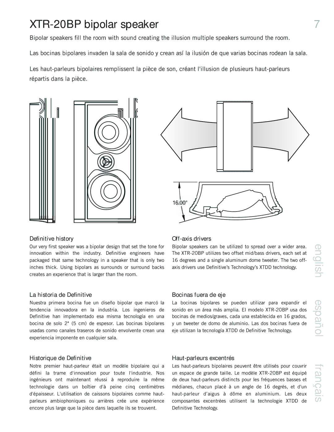 Definitive Technology 50 XTR-20BP bipolar speaker, La historia de Deﬁnitive, Bocinas fuera de eje, Historique de Deﬁnitive 