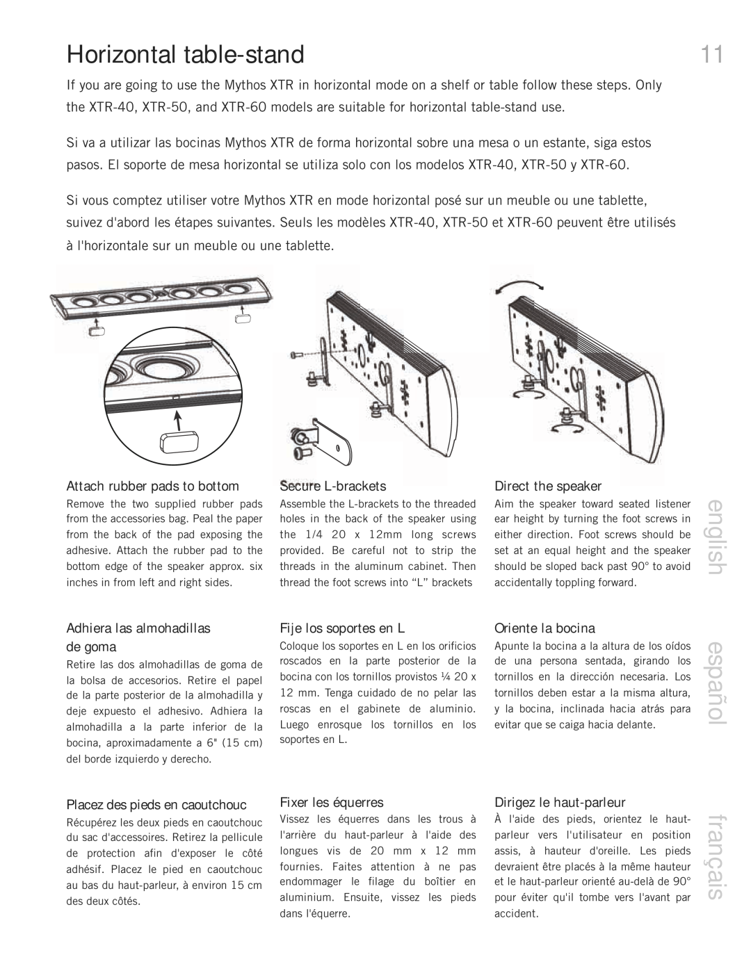 Definitive Technology 20BP, 60, 50, 40, Mythos XTR Loudspeaker System Horizontal table-stand, english, español, français 