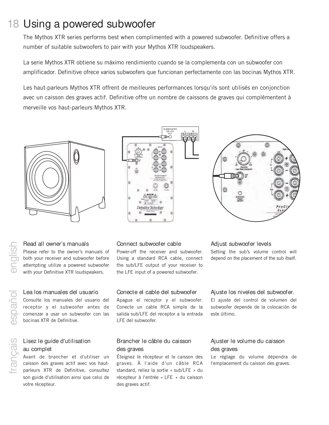 Definitive Technology 40, 60, 20BP, 50, Mythos XTR Loudspeaker System Using a powered subwoofer, français español english 