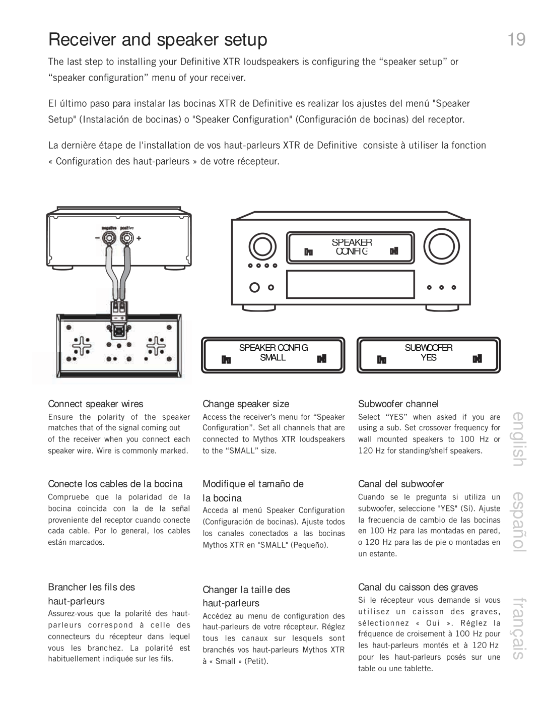 Definitive Technology Mythos XTR Loudspeaker System, 60, 20BP, 50, 40 Receiver and speaker setup, english, español, français 