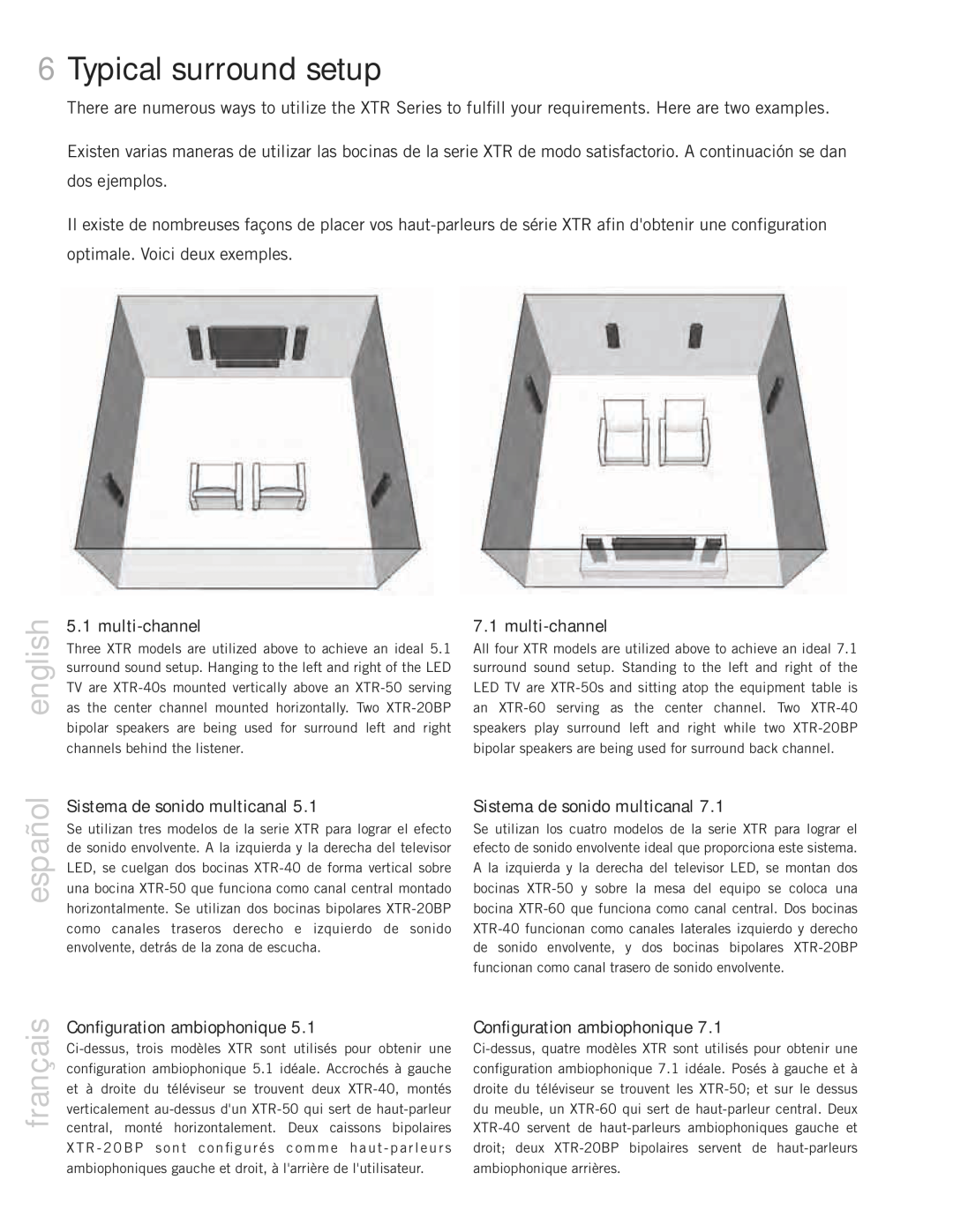 Definitive Technology 20BP, 60, 50, 40, Mythos XTR Loudspeaker System Typical surround setup, españolenglish, français 