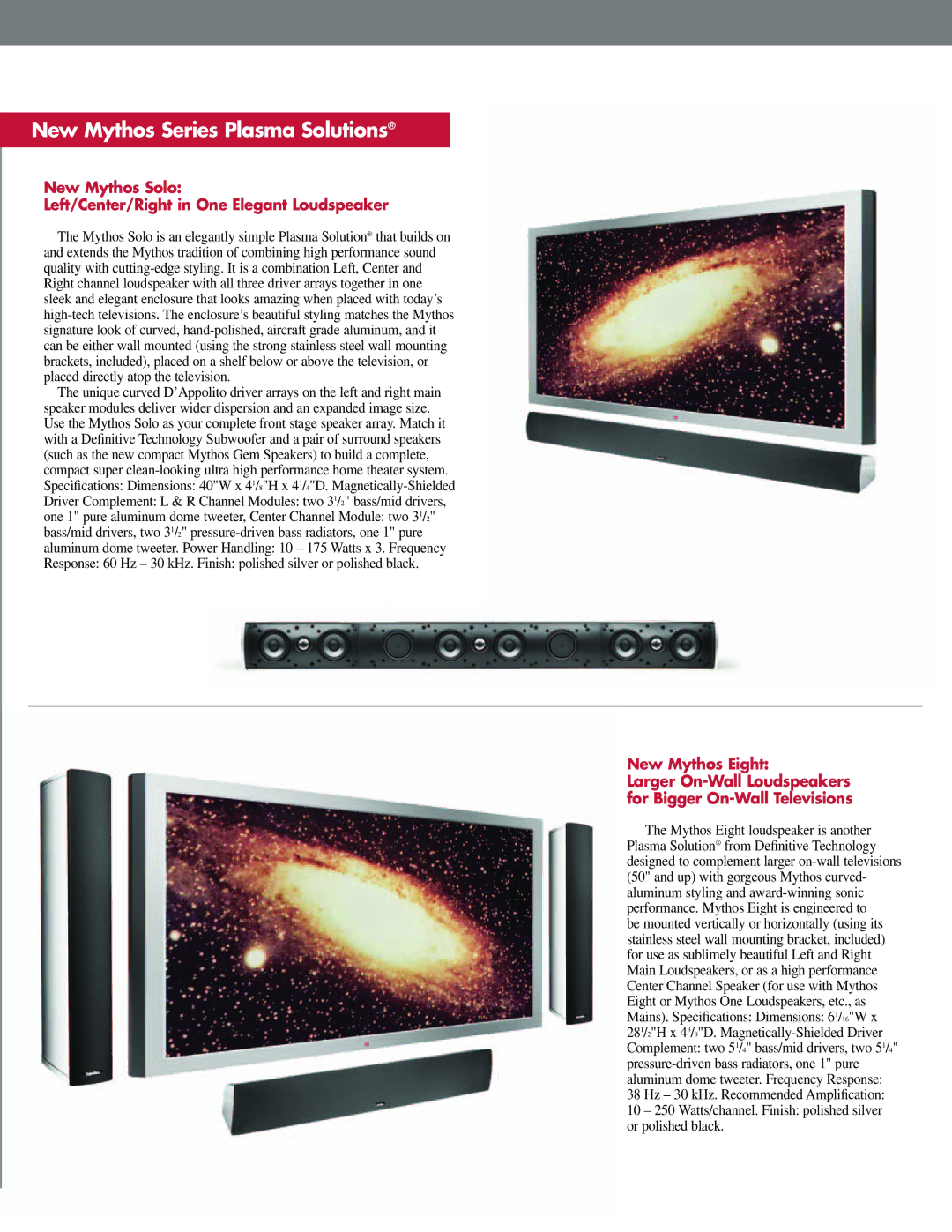 Definitive Technology New Mythos Solo Three-in-One Front Speaker Array manual New Mythos Series Plasma Solutions 