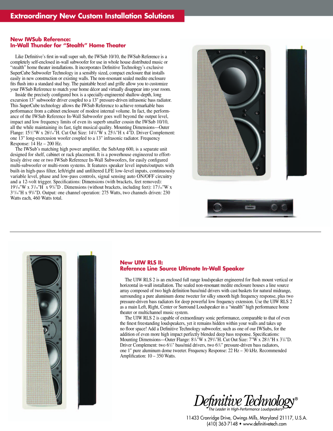 Definitive Technology New Mythos Gem Sub/Sat System manual Extraordinary New Custom Installation Solutions 